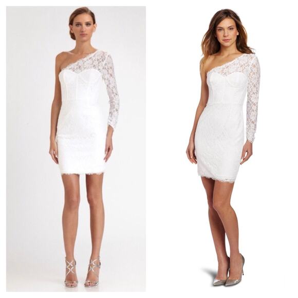 BCBGMAXAZRIA Arlena Mini Dress Size 8 One Shoulder White Lace Cocktail Bridal - Picture 1 of 13